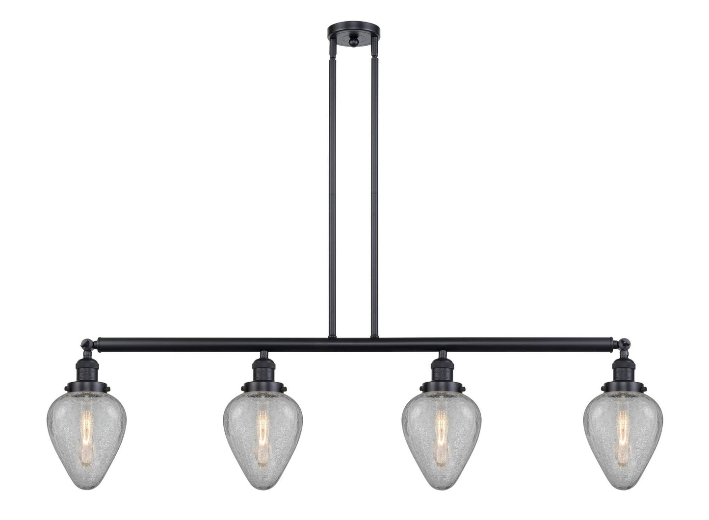 214-BK-G165 4-Light 51.625" Matte Black Island Light - Clear Crackle Geneseo Glass - LED Bulb - Dimmensions: 51.625 x 7 x 10<br>Minimum Height : 23<br>Maximum Height : 47 - Sloped Ceiling Compatible: Yes