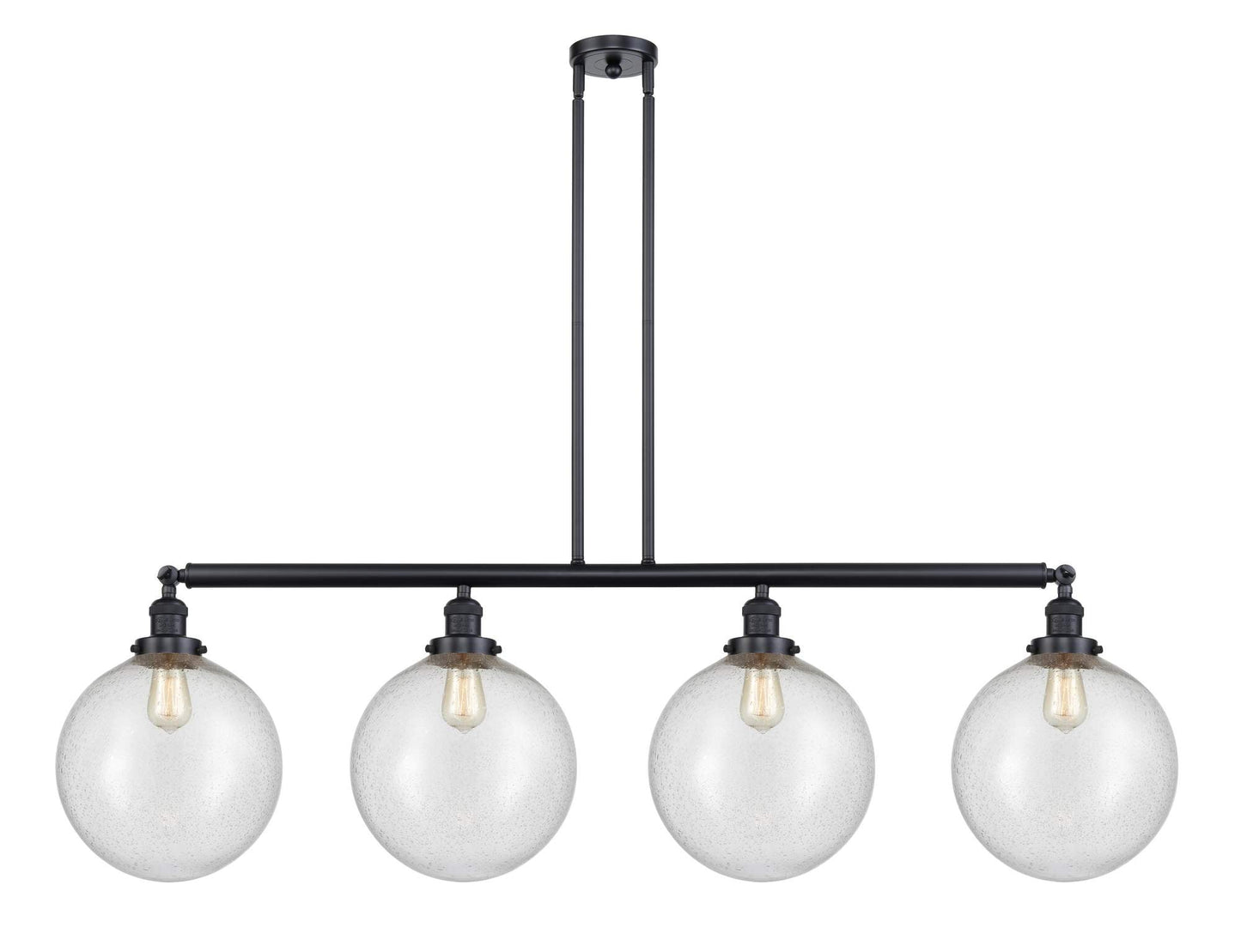 214-BK-G204-12 4-Light 56" Matte Black Island Light - Seedy Beacon Glass - LED Bulb - Dimmensions: 56 x 12 x 16<br>Minimum Height : 26<br>Maximum Height : 50 - Sloped Ceiling Compatible: Yes