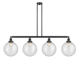 214-BK-G204-12 4-Light 56" Matte Black Island Light - Seedy Beacon Glass - LED Bulb - Dimmensions: 56 x 12 x 16<br>Minimum Height : 26<br>Maximum Height : 50 - Sloped Ceiling Compatible: Yes