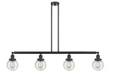 214-BK-G204-6 4-Light 50.625" Matte Black Island Light - Seedy Beacon Glass - LED Bulb - Dimmensions: 50.625 x 6 x 10.875<br>Minimum Height : 20<br>Maximum Height : 44 - Sloped Ceiling Compatible: Yes