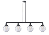 214-BK-G204-8 4-Light 52.625" Matte Black Island Light - Seedy Beacon Glass - LED Bulb - Dimmensions: 52.625 x 8 x 12.875<br>Minimum Height : 22<br>Maximum Height : 46 - Sloped Ceiling Compatible: Yes