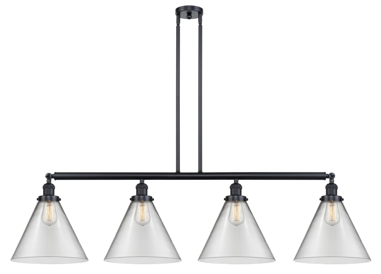 214-BK-G42-L 4-Light 56" Matte Black Island Light - Clear Cone 12" Glass - LED Bulb - Dimmensions: 56 x 12 x 14<br>Minimum Height : 24.25<br>Maximum Height : 48.25 - Sloped Ceiling Compatible: Yes