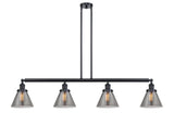 214-BK-G43 4-Light 52.375" Matte Black Island Light - Plated Smoke Large Cone Glass - LED Bulb - Dimmensions: 52.375 x 7.75 x 10<br>Minimum Height : 20.25<br>Maximum Height : 44.25 - Sloped Ceiling Compatible: Yes