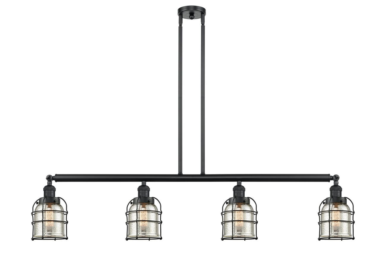 214-BK-G58-CE 4-Light 49.625" Matte Black Island Light - Silver Plated Mercury Small Bell Cage Glass - LED Bulb - Dimmensions: 49.625 x 8 x 10<br>Minimum Height : 20.5<br>Maximum Height : 44.5 - Sloped Ceiling Compatible: Yes