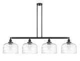 214-BK-G713-L 4-Light 54" Matte Black Island Light - Clear Deco Swirl X-Large Bell Glass - LED Bulb - Dimmensions: 54 x 12 x 13<br>Minimum Height : 22.25<br>Maximum Height : 46.25 - Sloped Ceiling Compatible: Yes
