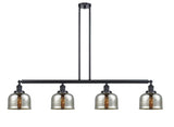214-BK-G78 4-Light 52.625" Matte Black Island Light - Silver Plated Mercury Large Bell Glass - LED Bulb - Dimmensions: 52.625 x 8 x 10<br>Minimum Height : 20<br>Maximum Height : 44 - Sloped Ceiling Compatible: Yes
