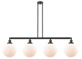 214-OB-G201-10 4-Light 54" Oil Rubbed Bronze Island Light - Matte White Cased Beacon Glass - LED Bulb - Dimmensions: 54 x 10 x 14<br>Minimum Height : 24<br>Maximum Height : 48 - Sloped Ceiling Compatible: Yes