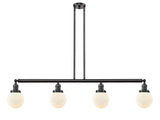 214-OB-G201-6 4-Light 50.625" Oil Rubbed Bronze Island Light - Matte White Cased Beacon Glass - LED Bulb - Dimmensions: 50.625 x 6 x 10.875<br>Minimum Height : 20<br>Maximum Height : 44 - Sloped Ceiling Compatible: Yes