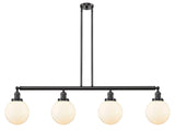 214-OB-G201-8 4-Light 52.625" Oil Rubbed Bronze Island Light - Matte White Cased Beacon Glass - LED Bulb - Dimmensions: 52.625 x 8 x 12.875<br>Minimum Height : 22<br>Maximum Height : 46 - Sloped Ceiling Compatible: Yes