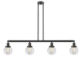 214-OB-G202-6 4-Light 50.625" Oil Rubbed Bronze Island Light - Clear Beacon Glass - LED Bulb - Dimmensions: 50.625 x 6 x 10.875<br>Minimum Height : 20<br>Maximum Height : 44 - Sloped Ceiling Compatible: Yes