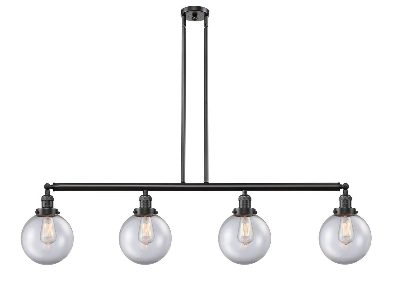 214-OB-G202-8 4-Light 52.625" Oil Rubbed Bronze Island Light - Clear Beacon Glass - LED Bulb - Dimmensions: 52.625 x 8 x 12.875<br>Minimum Height : 22<br>Maximum Height : 46 - Sloped Ceiling Compatible: Yes