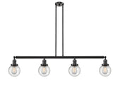 214-OB-G204-6 4-Light 50.625" Oil Rubbed Bronze Island Light - Seedy Beacon Glass - LED Bulb - Dimmensions: 50.625 x 6 x 10.875<br>Minimum Height : 20<br>Maximum Height : 44 - Sloped Ceiling Compatible: Yes