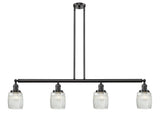 214-OB-G302 4-Light 50.125" Oil Rubbed Bronze Island Light - Thick Clear Halophane Colton Glass - LED Bulb - Dimmensions: 50.125 x 7 x 11<br>Minimum Height : 20.25<br>Maximum Height : 44.25 - Sloped Ceiling Compatible: Yes
