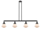 214-OB-G321 4-Light 51.375" Oil Rubbed Bronze Island Light - Matte White Olean Glass - LED Bulb - Dimmensions: 51.375 x 6.375 x 8.75<br>Minimum Height : 21.875<br>Maximum Height : 45.875 - Sloped Ceiling Compatible: Yes