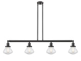 214-OB-G324 4-Light 51.375" Oil Rubbed Bronze Island Light - Seedy Olean Glass - LED Bulb - Dimmensions: 51.375 x 6.375 x 8.75<br>Minimum Height : 21.875<br>Maximum Height : 45.875 - Sloped Ceiling Compatible: Yes