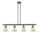 214-OB-G41 4-Light 52.375" Oil Rubbed Bronze Island Light - Matte White Cased Large Cone Glass - LED Bulb - Dimmensions: 52.375 x 7.75 x 10<br>Minimum Height : 20.25<br>Maximum Height : 44.25 - Sloped Ceiling Compatible: Yes