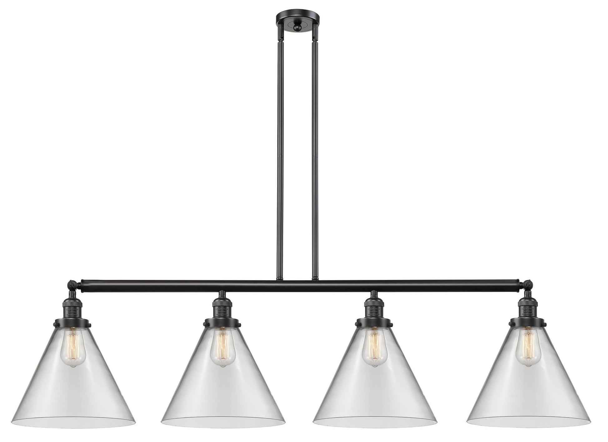 214-OB-G42-L 4-Light 56" Oil Rubbed Bronze Island Light - Clear Cone 12" Glass - LED Bulb - Dimmensions: 56 x 12 x 14<br>Minimum Height : 24.25<br>Maximum Height : 48.25 - Sloped Ceiling Compatible: Yes