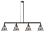 214-OB-G43 4-Light 52.375" Oil Rubbed Bronze Island Light - Plated Smoke Large Cone Glass - LED Bulb - Dimmensions: 52.375 x 7.75 x 10<br>Minimum Height : 20.25<br>Maximum Height : 44.25 - Sloped Ceiling Compatible: Yes