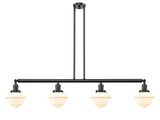 214-OB-G531 4-Light 52.125" Oil Rubbed Bronze Island Light - Matte White Cased Small Oxford Glass - LED Bulb - Dimmensions: 52.125 x 7.75 x 10<br>Minimum Height : 20<br>Maximum Height : 44 - Sloped Ceiling Compatible: Yes