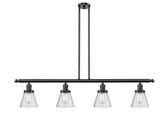 214-OB-G64 4-Light 50.875" Oil Rubbed Bronze Island Light - Seedy Small Cone Glass - LED Bulb - Dimmensions: 50.875 x 6.25 x 10<br>Minimum Height : 20<br>Maximum Height : 44 - Sloped Ceiling Compatible: Yes