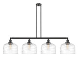 214-OB-G713-L 4-Light 54" Oil Rubbed Bronze Island Light - Clear Deco Swirl X-Large Bell Glass - LED Bulb - Dimmensions: 54 x 12 x 13<br>Minimum Height : 22.25<br>Maximum Height : 46.25 - Sloped Ceiling Compatible: Yes