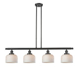 214-OB-G71 4-Light 52.625" Oil Rubbed Bronze Island Light - Matte White Cased Large Bell Glass - LED Bulb - Dimmensions: 52.625 x 8 x 10<br>Minimum Height : 20<br>Maximum Height : 44 - Sloped Ceiling Compatible: Yes
