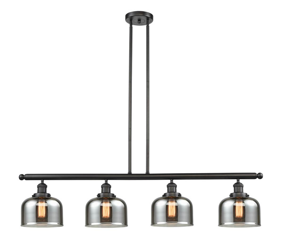 214-OB-G73 4-Light 52.625" Oil Rubbed Bronze Island Light - Plated Smoke Large Bell Glass - LED Bulb - Dimmensions: 52.625 x 8 x 10<br>Minimum Height : 20<br>Maximum Height : 44 - Sloped Ceiling Compatible: Yes