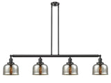 214-OB-G78 4-Light 52.625" Oil Rubbed Bronze Island Light - Silver Plated Mercury Large Bell Glass - LED Bulb - Dimmensions: 52.625 x 8 x 10<br>Minimum Height : 20<br>Maximum Height : 44 - Sloped Ceiling Compatible: Yes