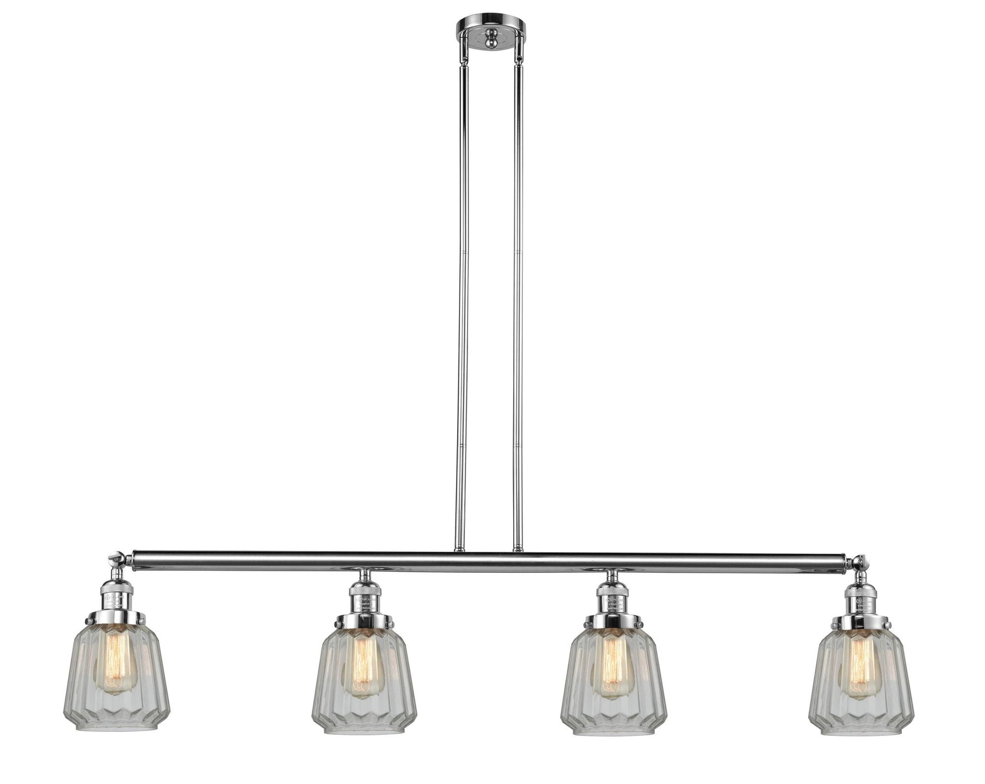 214-PC-G142 4-Light 50.875" Polished Chrome Island Light - Clear Chatham Glass - LED Bulb - Dimmensions: 50.875 x 6.25 x 10<br>Minimum Height : 21<br>Maximum Height : 45 - Sloped Ceiling Compatible: Yes