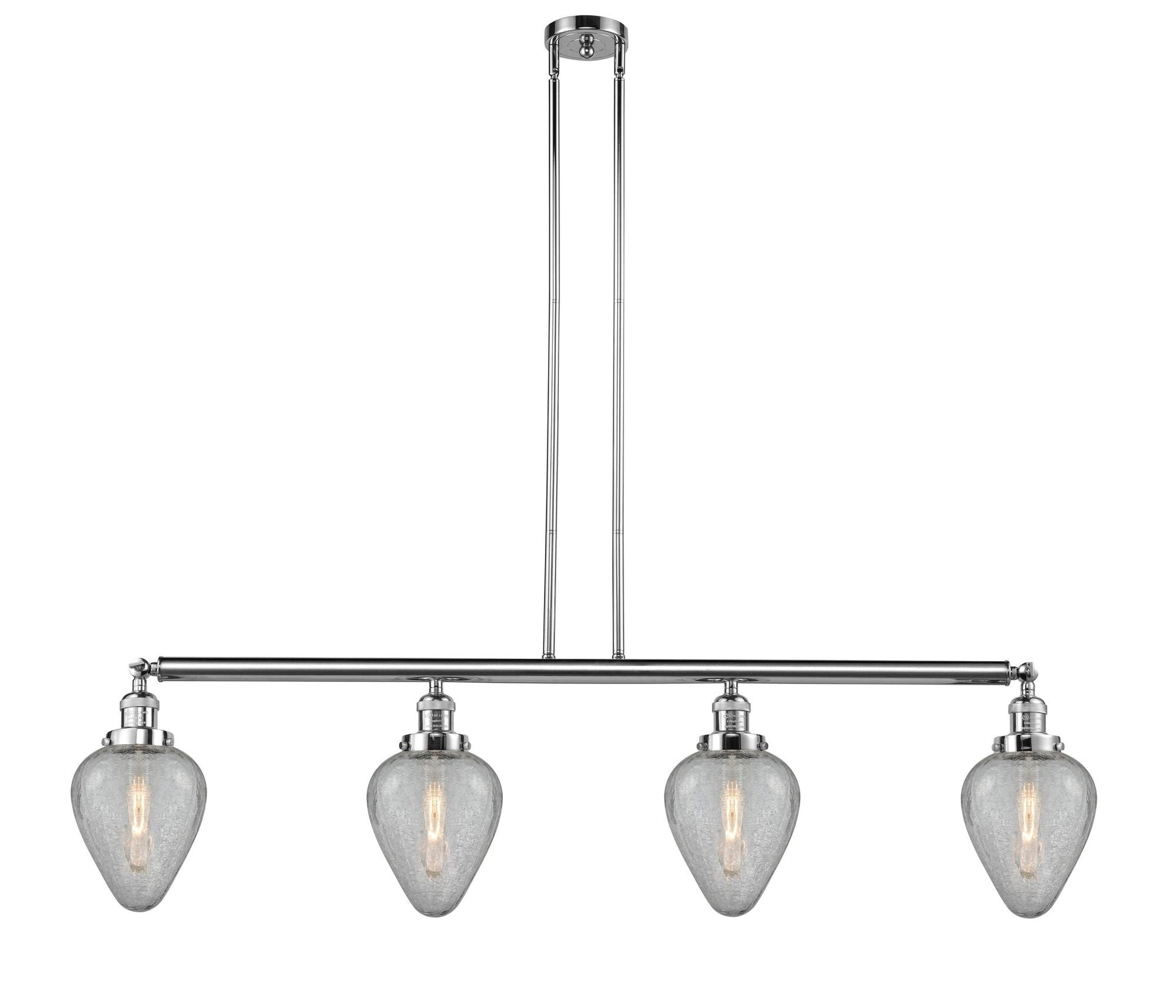 214-PC-G165 4-Light 51.625" Polished Chrome Island Light - Clear Crackle Geneseo Glass - LED Bulb - Dimmensions: 51.625 x 7 x 10<br>Minimum Height : 23<br>Maximum Height : 47 - Sloped Ceiling Compatible: Yes