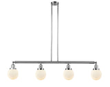 214-PC-G201-6 4-Light 50.625" Polished Chrome Island Light - Matte White Cased Beacon Glass - LED Bulb - Dimmensions: 50.625 x 6 x 10.875<br>Minimum Height : 20<br>Maximum Height : 44 - Sloped Ceiling Compatible: Yes