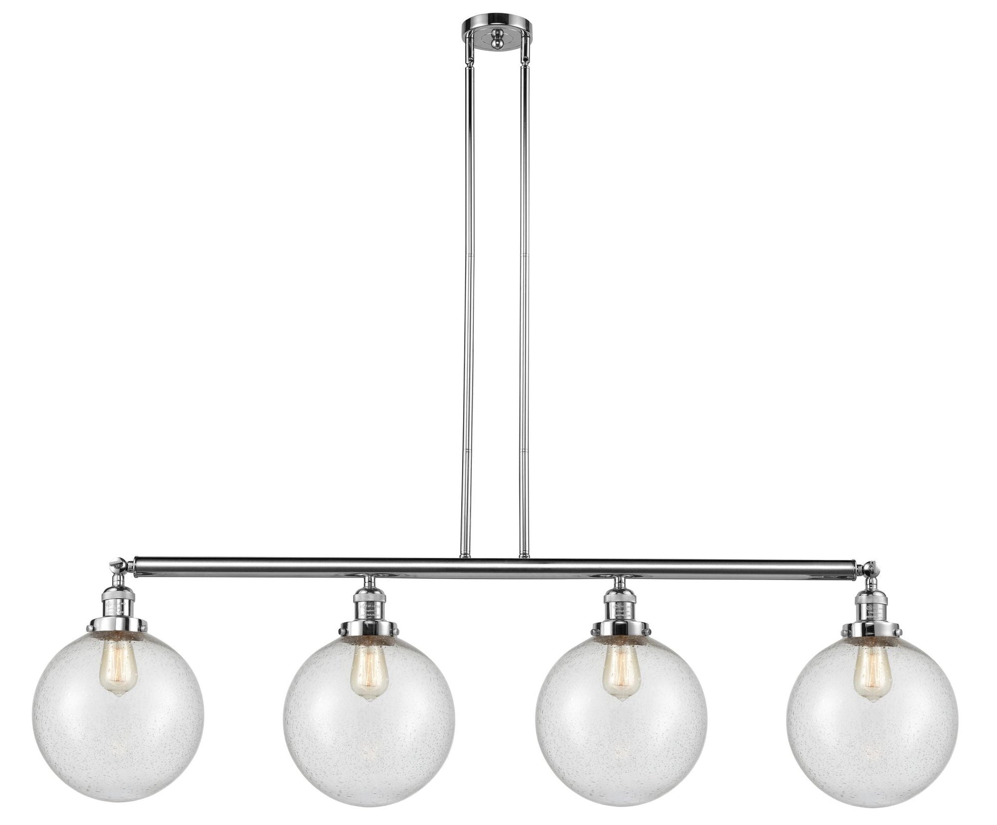 214-PC-G204-10 4-Light 54" Polished Chrome Island Light - Seedy Beacon Glass - LED Bulb - Dimmensions: 54 x 10 x 14<br>Minimum Height : 24<br>Maximum Height : 48 - Sloped Ceiling Compatible: Yes