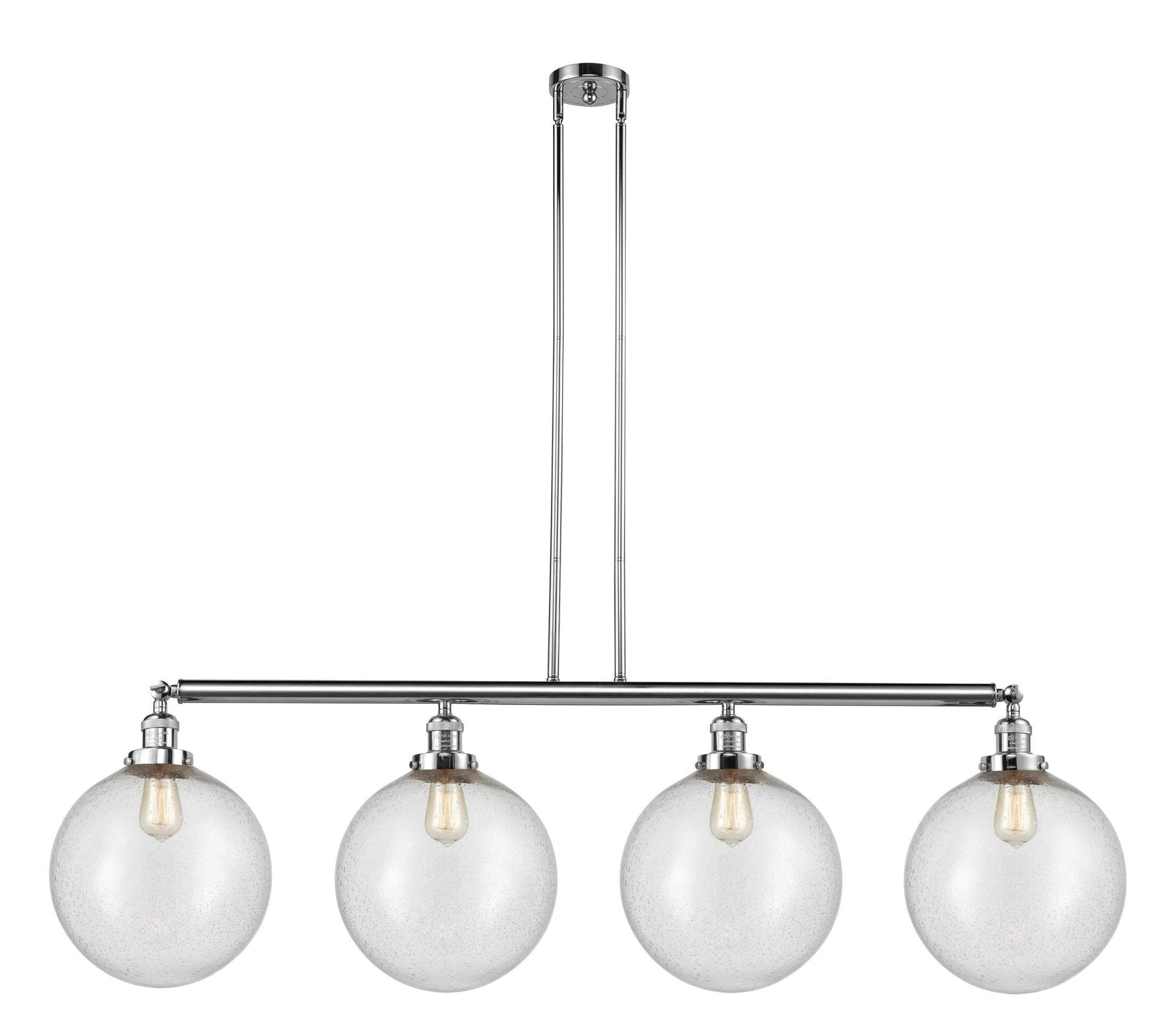 214-PC-G204-12 4-Light 56" Polished Chrome Island Light - Seedy Beacon Glass - LED Bulb - Dimmensions: 56 x 12 x 16<br>Minimum Height : 26<br>Maximum Height : 50 - Sloped Ceiling Compatible: Yes