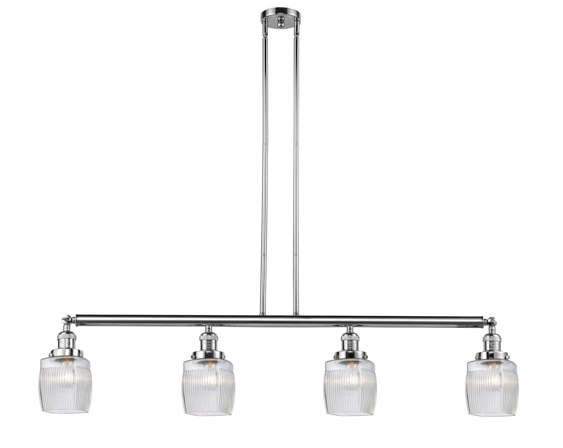 214-PC-G302 4-Light 50.125" Polished Chrome Island Light - Thick Clear Halophane Colton Glass - LED Bulb - Dimmensions: 50.125 x 7 x 11<br>Minimum Height : 20.25<br>Maximum Height : 44.25 - Sloped Ceiling Compatible: Yes
