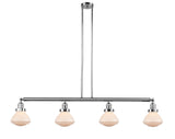 214-PC-G321 4-Light 51.375" Polished Chrome Island Light - Matte White Olean Glass - LED Bulb - Dimmensions: 51.375 x 6.375 x 8.75<br>Minimum Height : 21.875<br>Maximum Height : 45.875 - Sloped Ceiling Compatible: Yes