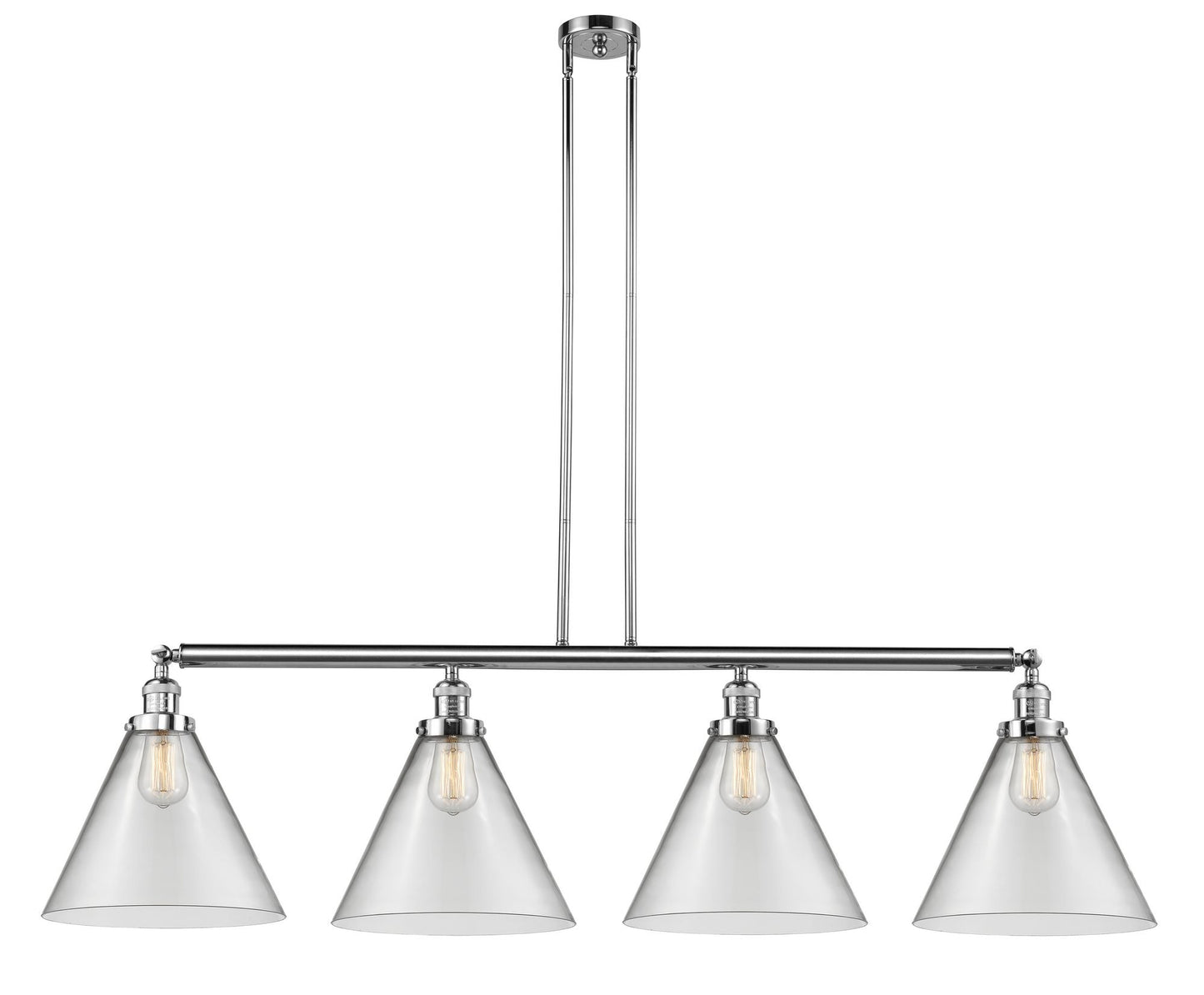 214-PC-G42-L 4-Light 56" Polished Chrome Island Light - Clear Cone 12" Glass - LED Bulb - Dimmensions: 56 x 12 x 14<br>Minimum Height : 24.25<br>Maximum Height : 48.25 - Sloped Ceiling Compatible: Yes