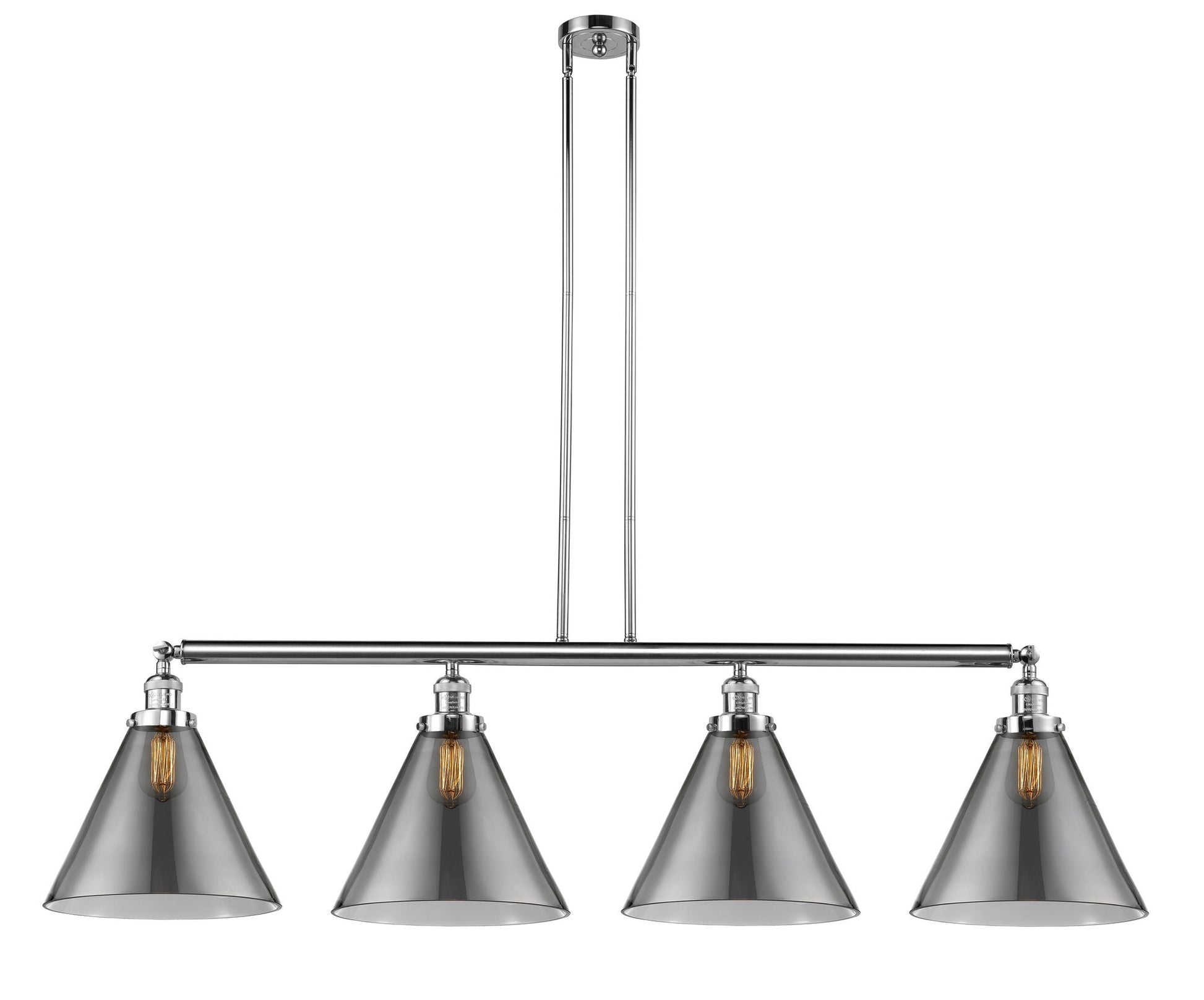 214-PC-G43-L 4-Light 56" Polished Chrome Island Light - Plated Smoke Cone 12" Glass - LED Bulb - Dimmensions: 56 x 12 x 14<br>Minimum Height : 24.25<br>Maximum Height : 48.25 - Sloped Ceiling Compatible: Yes