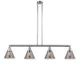 214-PC-G43 4-Light 52.375" Polished Chrome Island Light - Plated Smoke Large Cone Glass - LED Bulb - Dimmensions: 52.375 x 7.75 x 10<br>Minimum Height : 20.25<br>Maximum Height : 44.25 - Sloped Ceiling Compatible: Yes