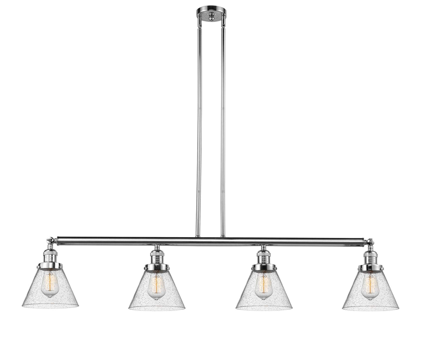 214-PC-G44 4-Light 52.375" Polished Chrome Island Light - Seedy Large Cone Glass - LED Bulb - Dimmensions: 52.375 x 7.75 x 10<br>Minimum Height : 20.25<br>Maximum Height : 44.25 - Sloped Ceiling Compatible: Yes