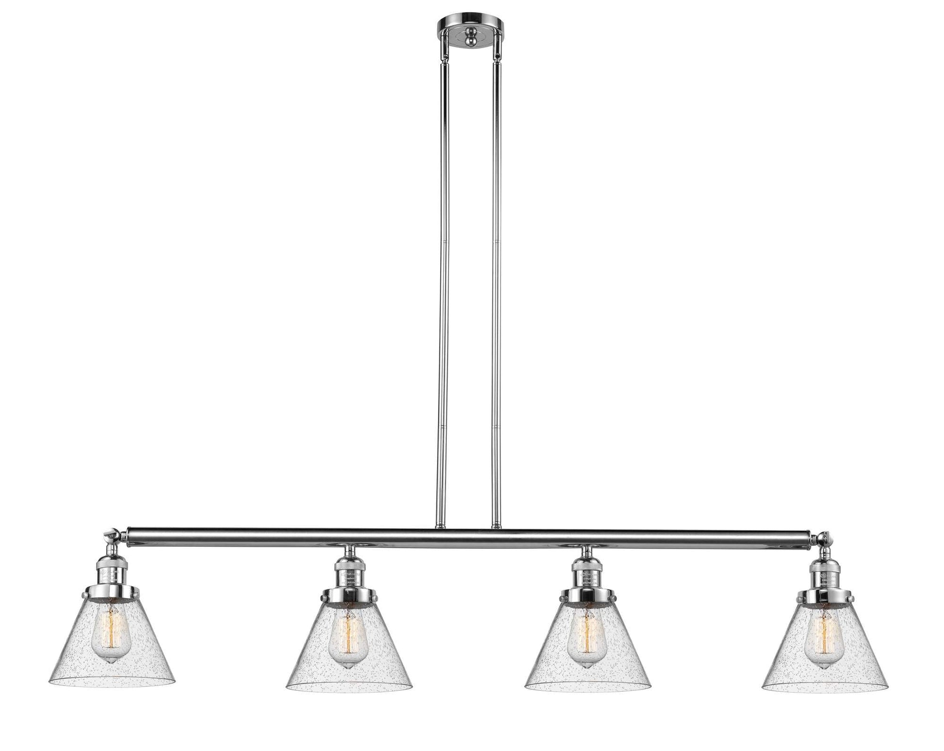 214-PC-G44 4-Light 52.375" Polished Chrome Island Light - Seedy Large Cone Glass - LED Bulb - Dimmensions: 52.375 x 7.75 x 10<br>Minimum Height : 20.25<br>Maximum Height : 44.25 - Sloped Ceiling Compatible: Yes
