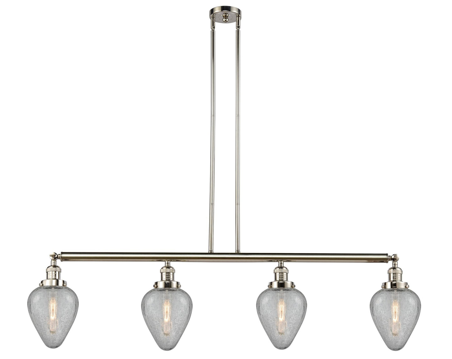 214-PN-G165 4-Light 51.625" Polished Nickel Island Light - Clear Crackle Geneseo Glass - LED Bulb - Dimmensions: 51.625 x 7 x 10<br>Minimum Height : 23<br>Maximum Height : 47 - Sloped Ceiling Compatible: Yes