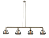 214-PN-G173 4-Light 51.375" Polished Nickel Island Light - Plated Smoke Fulton Glass - LED Bulb - Dimmensions: 51.375 x 6.75 x 10<br>Minimum Height : 19.5<br>Maximum Height : 43.5 - Sloped Ceiling Compatible: Yes