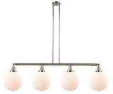 214-PN-G201-10 4-Light 54" Polished Nickel Island Light - Matte White Cased Beacon Glass - LED Bulb - Dimmensions: 54 x 10 x 14<br>Minimum Height : 24<br>Maximum Height : 48 - Sloped Ceiling Compatible: Yes