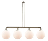 214-PN-G201-12 4-Light 56" Polished Nickel Island Light - Matte White Cased Beacon Glass - LED Bulb - Dimmensions: 56 x 12 x 16<br>Minimum Height : 26<br>Maximum Height : 50 - Sloped Ceiling Compatible: Yes