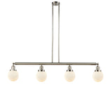 214-PN-G201-6 4-Light 50.625" Polished Nickel Island Light - Matte White Cased Beacon Glass - LED Bulb - Dimmensions: 50.625 x 6 x 10.875<br>Minimum Height : 20<br>Maximum Height : 44 - Sloped Ceiling Compatible: Yes