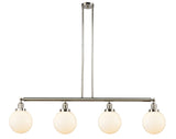 214-PN-G201-8 4-Light 52.625" Polished Nickel Island Light - Matte White Cased Beacon Glass - LED Bulb - Dimmensions: 52.625 x 8 x 12.875<br>Minimum Height : 22<br>Maximum Height : 46 - Sloped Ceiling Compatible: Yes