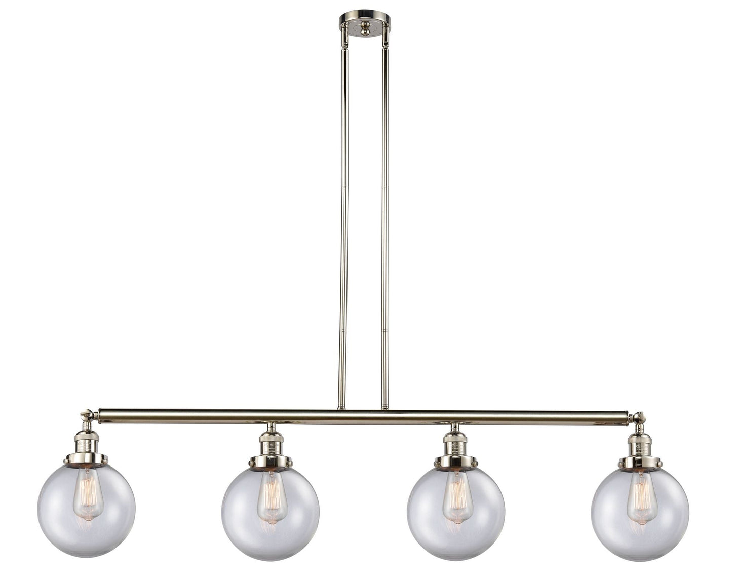 214-PN-G202-8 4-Light 52.625" Polished Nickel Island Light - Clear Beacon Glass - LED Bulb - Dimmensions: 52.625 x 8 x 12.875<br>Minimum Height : 22<br>Maximum Height : 46 - Sloped Ceiling Compatible: Yes