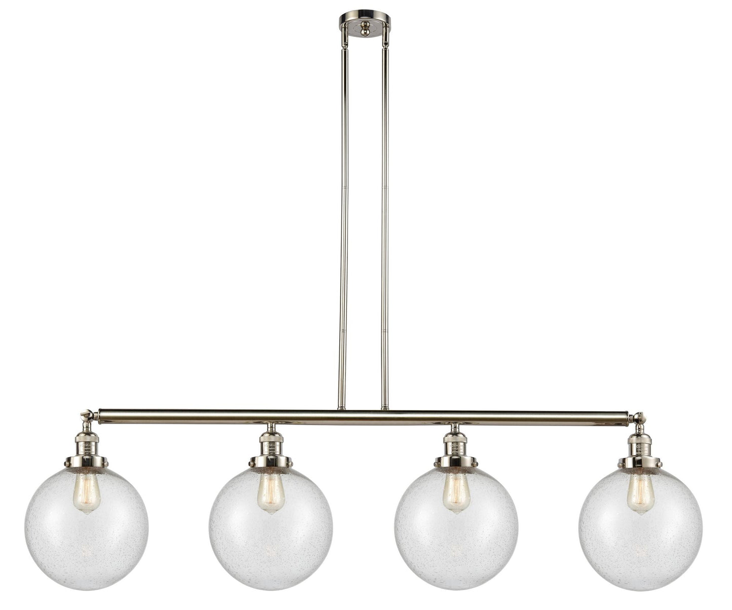 214-PN-G204-10 4-Light 54" Polished Nickel Island Light - Seedy Beacon Glass - LED Bulb - Dimmensions: 54 x 10 x 14<br>Minimum Height : 24<br>Maximum Height : 48 - Sloped Ceiling Compatible: Yes