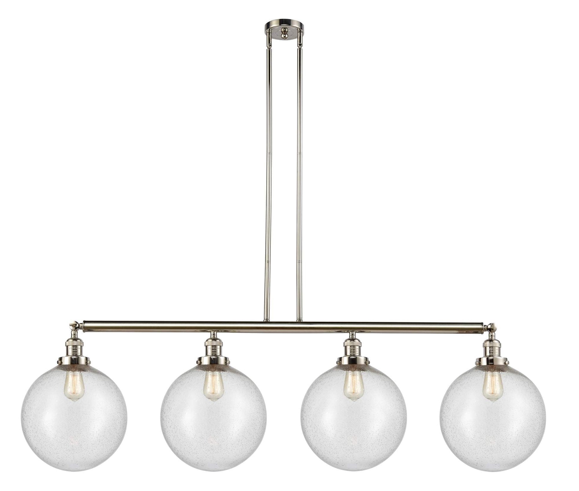 214-PN-G204-12 4-Light 56" Polished Nickel Island Light - Seedy Beacon Glass - LED Bulb - Dimmensions: 56 x 12 x 16<br>Minimum Height : 26<br>Maximum Height : 50 - Sloped Ceiling Compatible: Yes