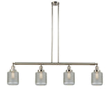 214-PN-G262 4-Light 50.625" Polished Nickel Island Light - Vintage Wire Mesh Stanton Glass - LED Bulb - Dimmensions: 50.625 x 6 x 15<br>Minimum Height : 22<br>Maximum Height : 46 - Sloped Ceiling Compatible: Yes